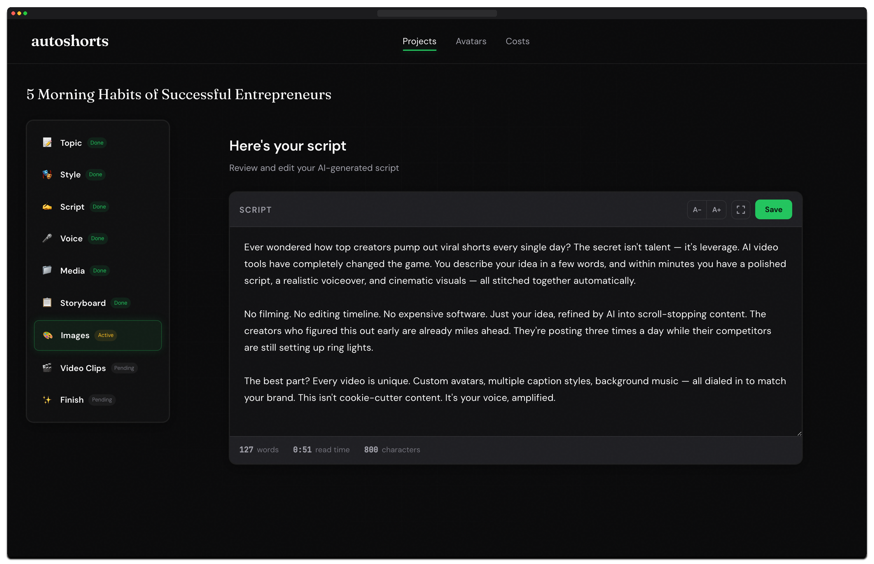 ShortsForge workspace showing script editor and step-by-step wizard